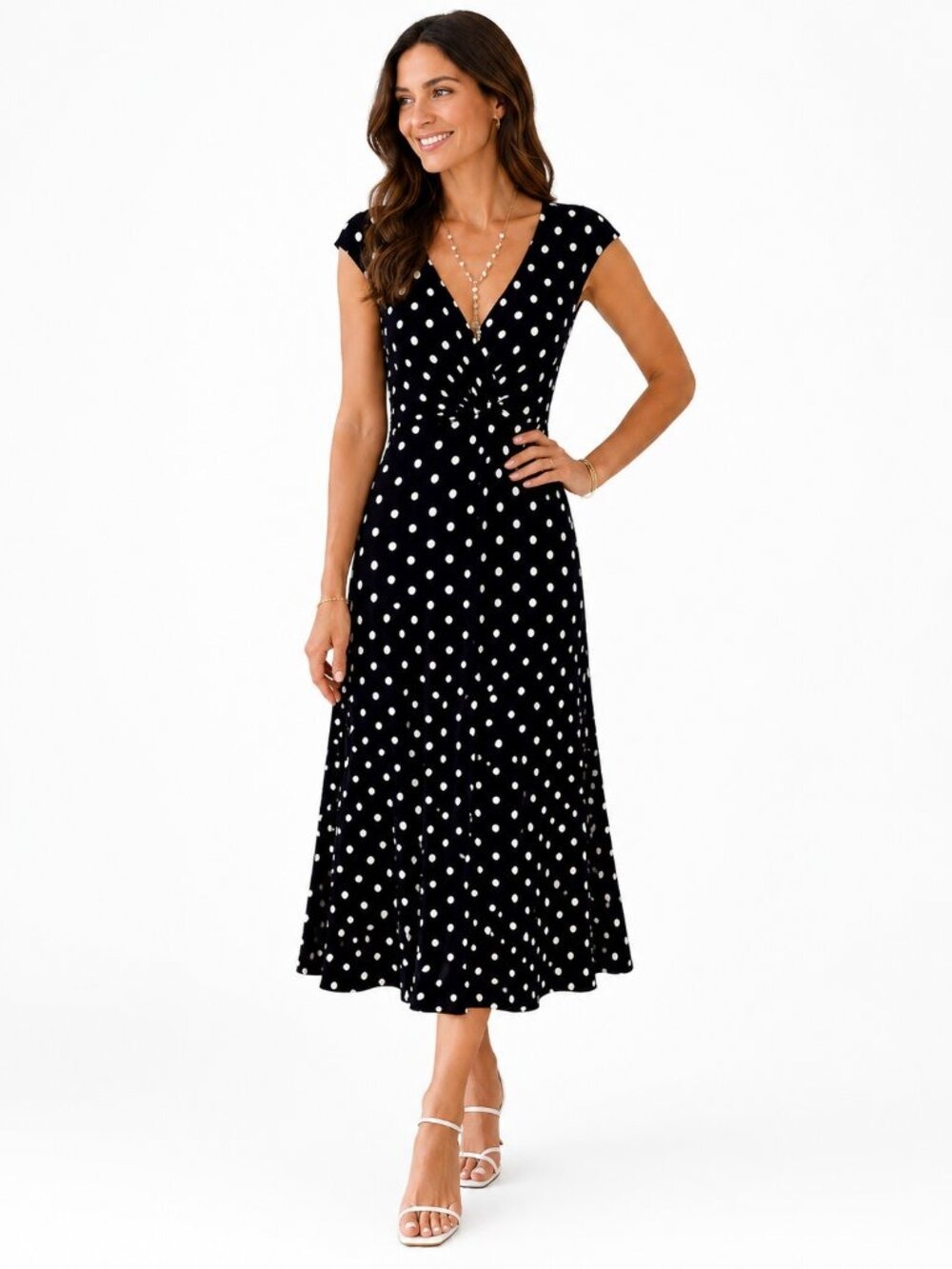Lauren Ralph Lauren Black & White Polka Dot Midi Dress | Size 8 | Classic V‑Neck